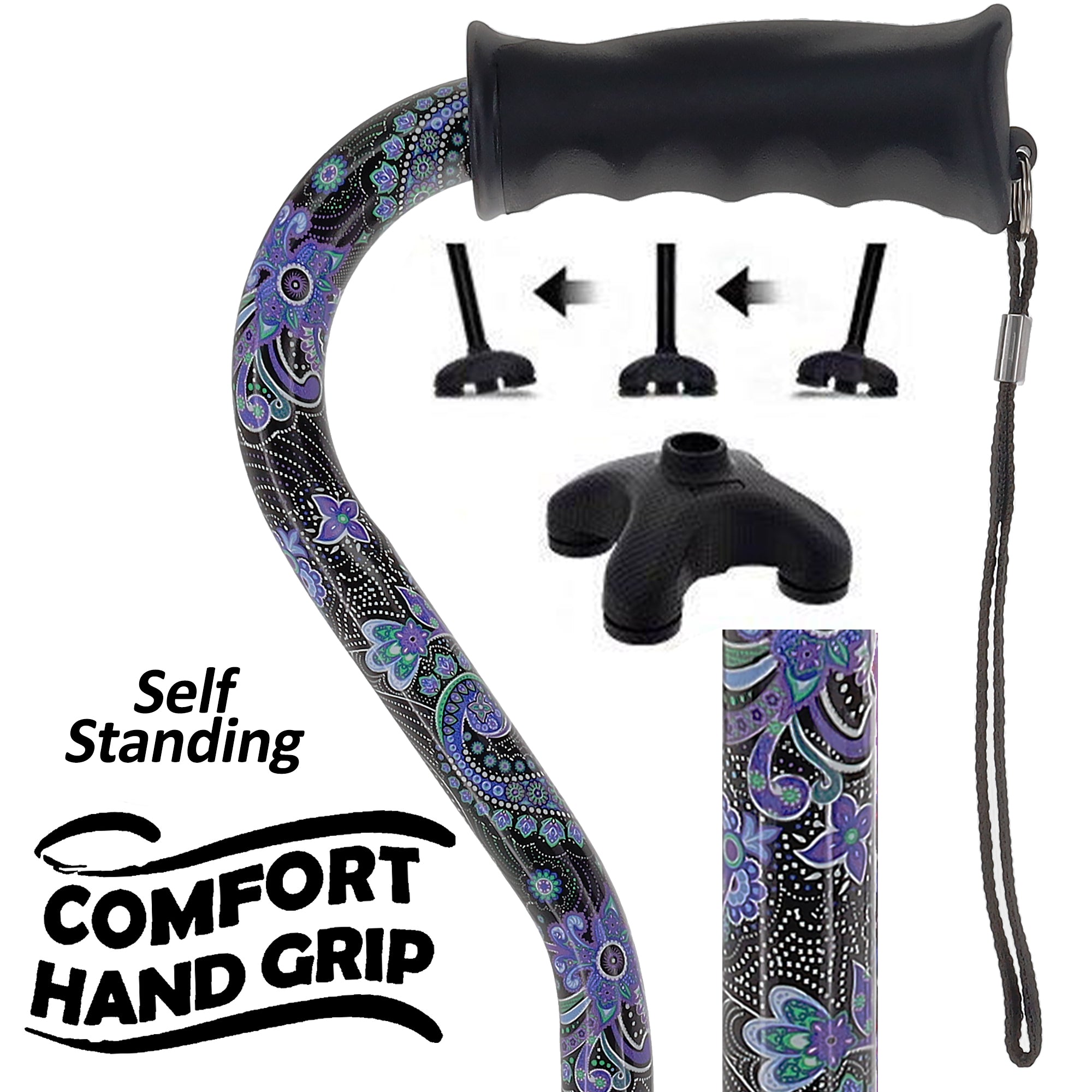 Purple Majesty Designer Cane: Comfort Grip & SafeTbase, Adjustable Questions & Answers