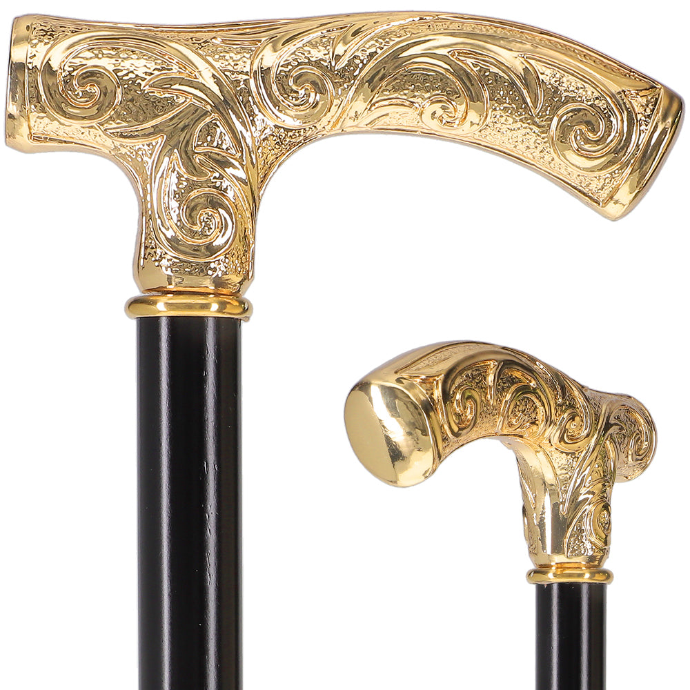 24K Gold Plated Embossed Fritz Handle Walking Cane with Black Beechwood Shaft and Collar Questions & Answers