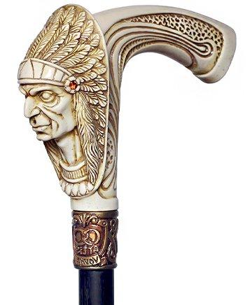 American Indian Chief Ivory Color Handle Cane w/ Wood Shaft & Bronze Collar Questions & Answers