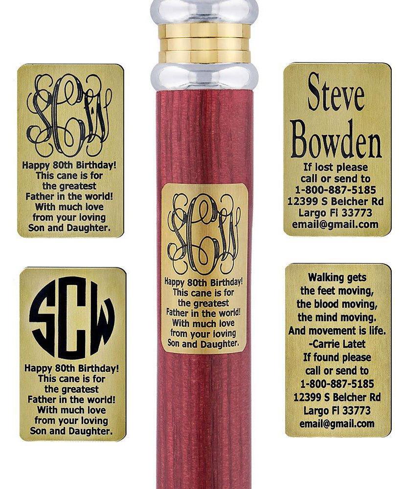 can the engraving be done with name address and phone and be added to the magenta pearl and rhinestone cane?